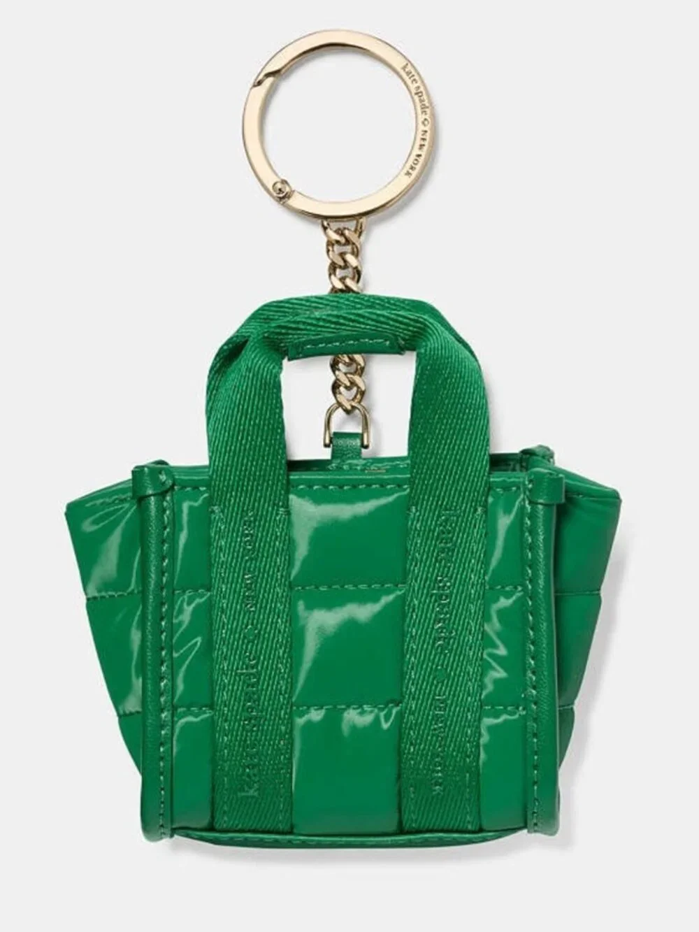 kate spade green quilted mini tote keychain with gold hardware